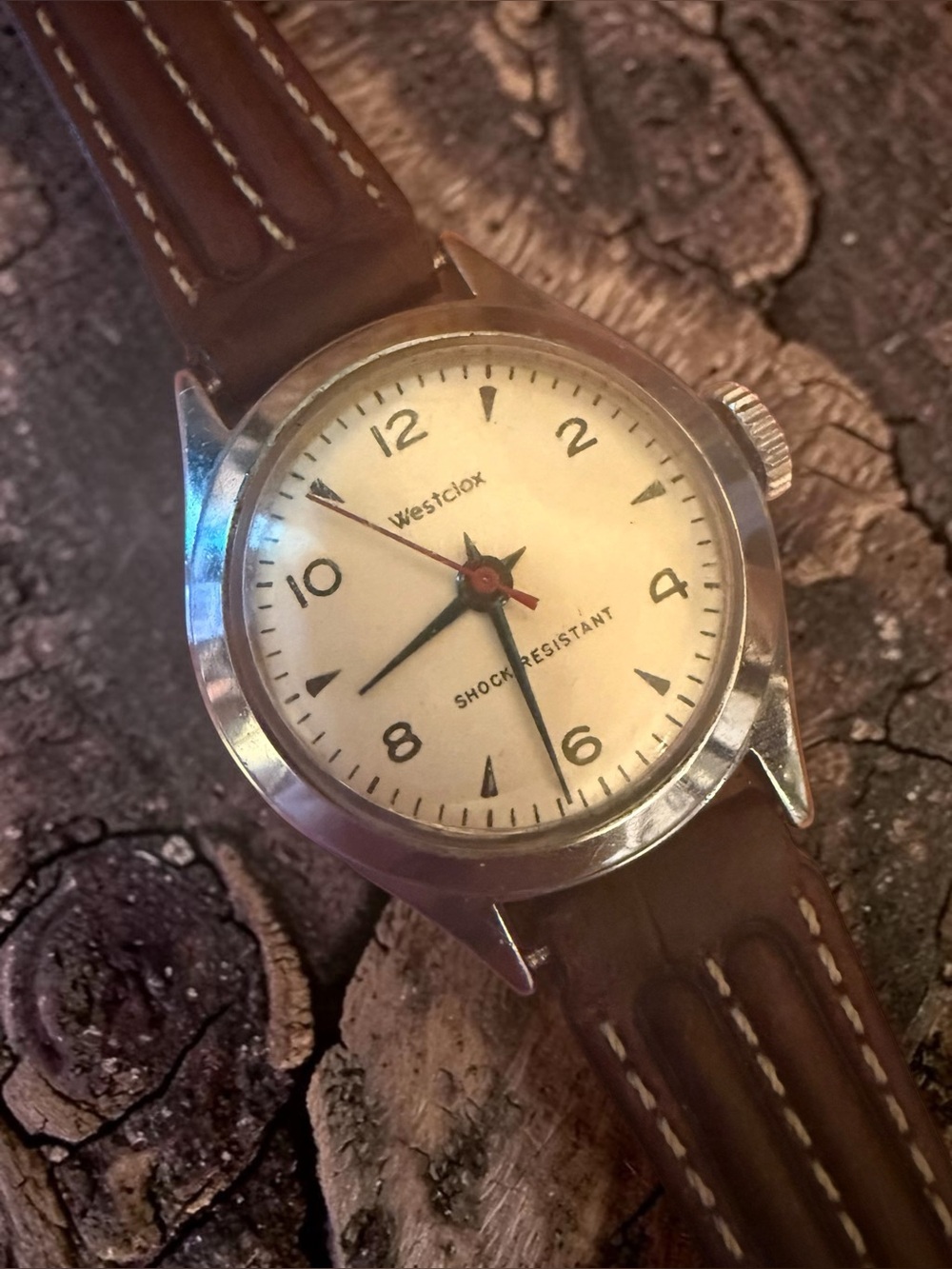 Vintage Westclox Shock Resistant Mechanical Watch Cream Dial Red Seconds Runs